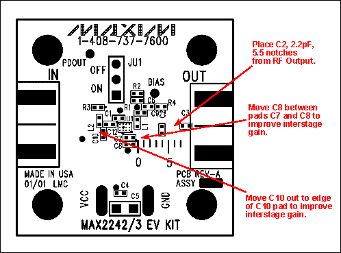 图3. +23dBm输出的MAX2242元件布置指南