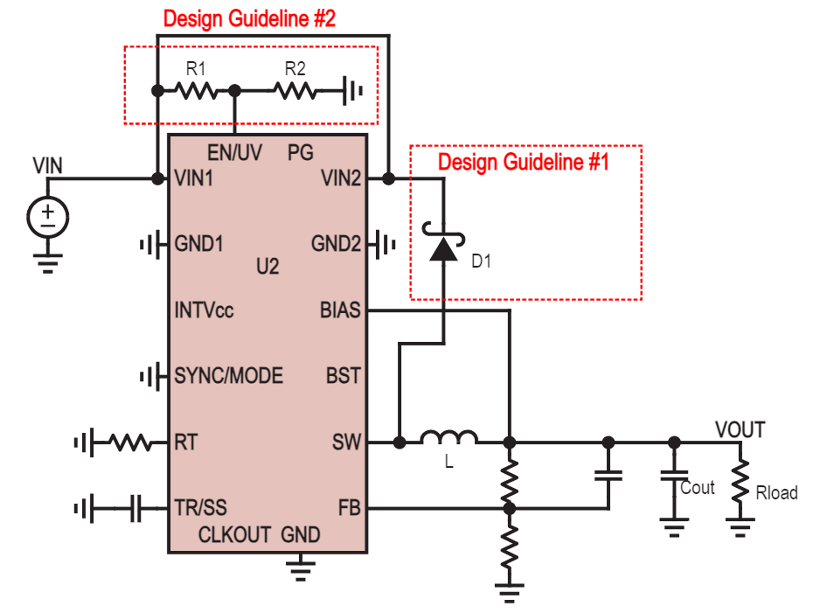Figure 5. Circuit diagram of a monolithic buck regulator IC with design guideline #1 and #2 implemented.