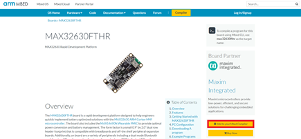 Figure 4. Highlights the Add to your Mbed Compiler button in a red box on the MAX32630FTHR Mbed landing page.