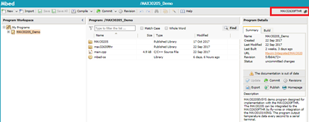 Figure 7. Highlights the target microcontroller selection area of the Mbed compiler window.