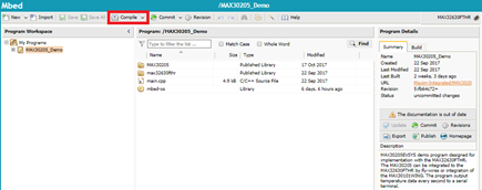 Figure 8. Highlights the Compile command button in the Mbed compiler with a red box.