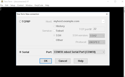 Figure 10. Tera Term opening window. Select the Serial radio button and the mbed Serial Port from the drop-down menu.