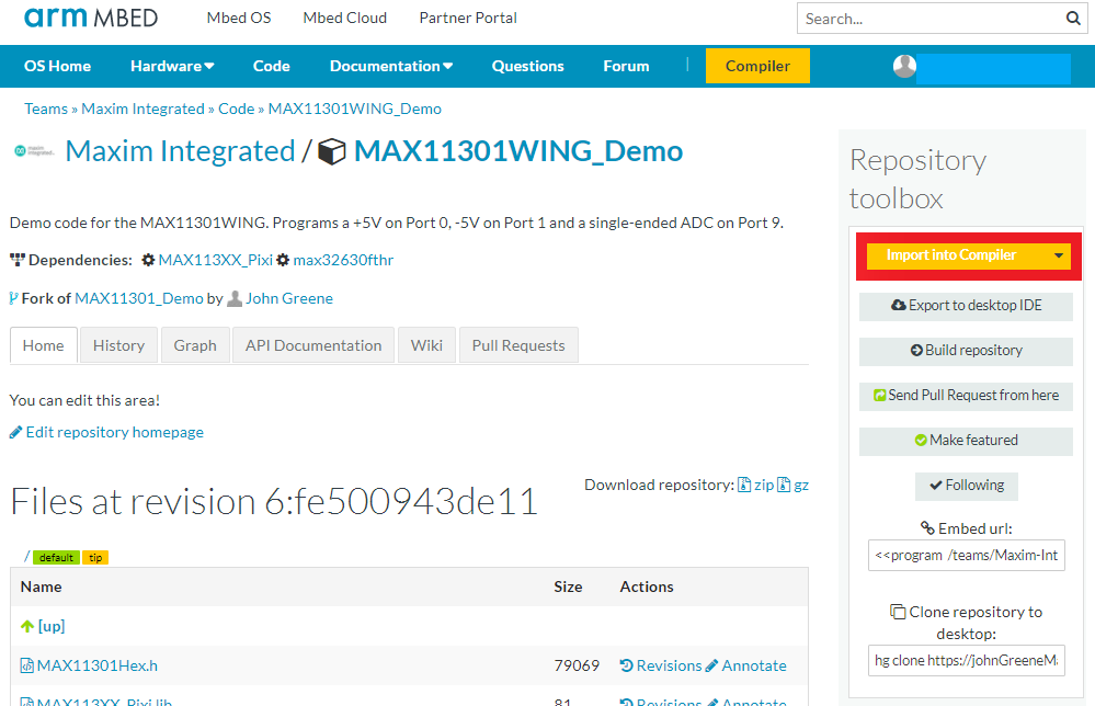 Highlights the Import into Compiler button with a red box on the MAX11301WING_Demo repository.