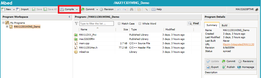 Highlights the Compile command button in the Mbed compiler with a red box.