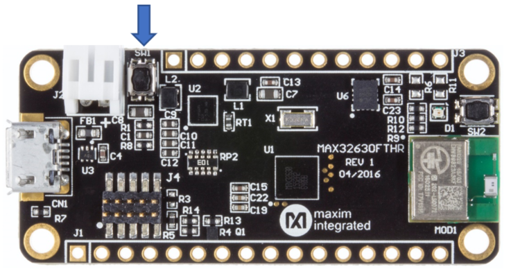 The reset button is SW1 on the MAX32630FTHR.
