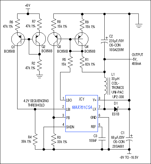 图1. 这个负电压降压型转换器从一个-12V左右的电源产生-5V，并和另外一个独立的+5V电源保持正确的上电和掉电顺序。