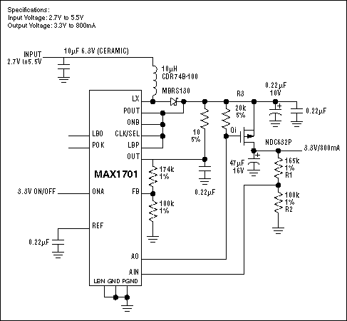 Figure 1. This buck/boost circuit assumes the buck (linear regulator) mode for inputs above 3.3V and the boost (switching regulator) mode for inputs below 3.3V.