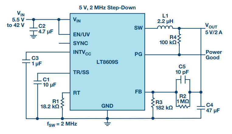 Figure 1. Ultralow EMI emission LT8609S 12 V to 5 V synchronous step-down converter.