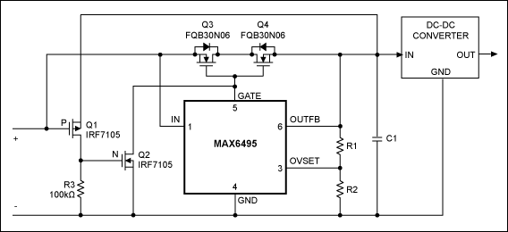 Figure 1.This automotive power supply withstands input-voltage transients up to 72V, and maintains a regulated output despite brief shorts and opens in the input supply voltage.