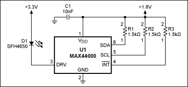 图1. MAX44000典型电路,包括LED。