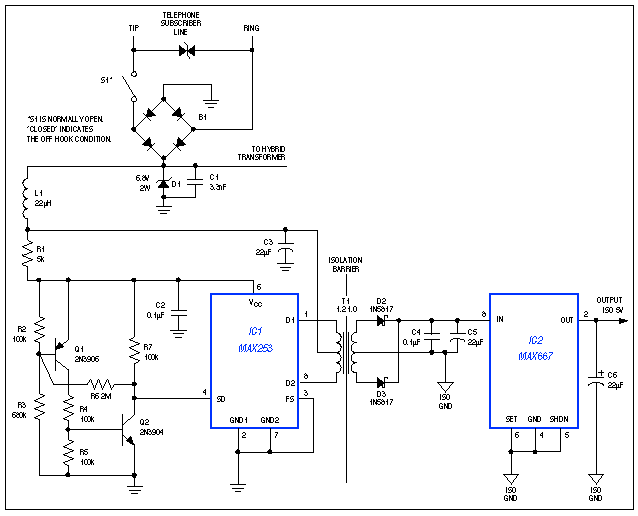 Figure 1. This circuit draws current in the off-hook condition, delivering as much as 150mW of isolated power while allowing normal voice or data communications over the phone line.