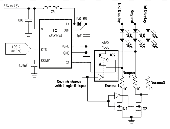 Figure 1.  This circuit in is based around the MAX1848 (IC1) white LED driver.
