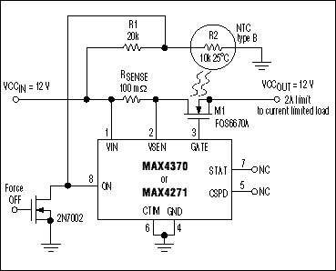 Figure 1. Combining these external components with a hot-swap-controller IC provides a precision current-limited supply for a 3V-to-12V load.