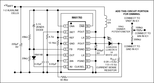 Figure 1. This white-LED driver operates on one or two alkaline cells, with voltages starting as low as 0.8V.