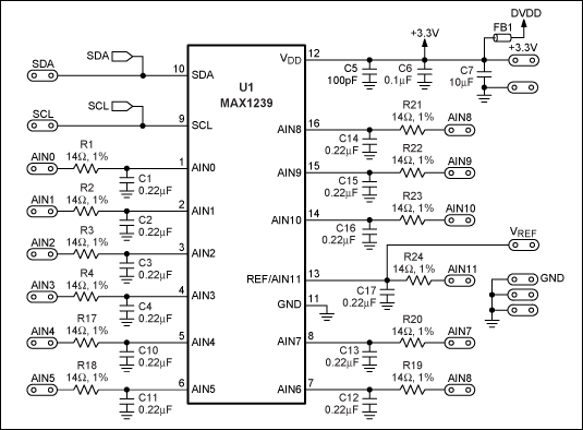 Figure 2. Modified MAX1238 EV kit schematic using a MAX1239.