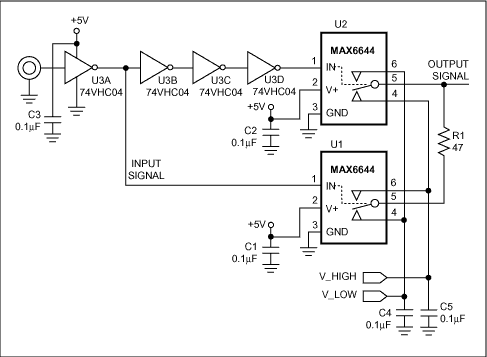 Figure 1. The dynamic pullup and pulldown provided by analog switches at the output of this pulse generator ensures fast rise/fall times.