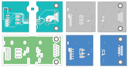 Figure 7. MAXM22511 EMC/EMI optimized board layout. Top (top left),  layer 1 (top right), layer 2 for the stitching capacitor (bottom left), and bottom (bottom right)