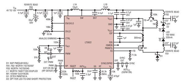 Figure 3. 2MHz Boost-Buck LED Driver with Low Input and Output Ripple. Passes CISPR 25 Class 5 EMI