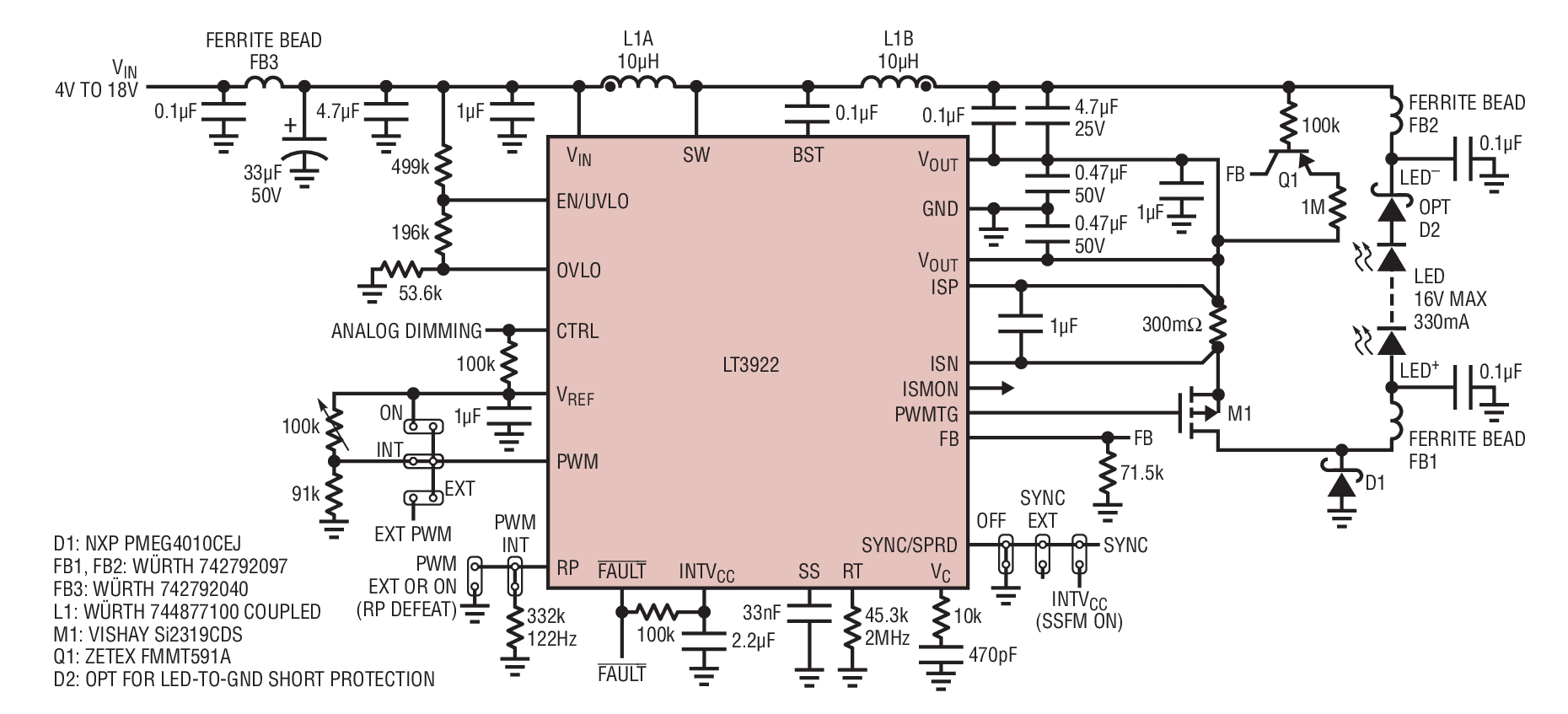 Figure 3. 2MHz Boost-Buck LED Driver with Low Input and Output Ripple. Passes CISPR 25 Class 5 EMI