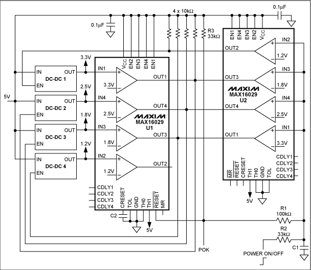 图1. 采用低成本IC，该电路首先以规定的上电次序打开四路电源，断电时使它们以相反的顺序关闭。