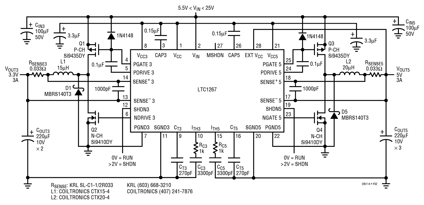 Figure 2. LTC1267 Dual Output 33V and 5V High Efficiency Regulator.