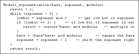 Figure 1. Pseudo code for modular exponentiation.