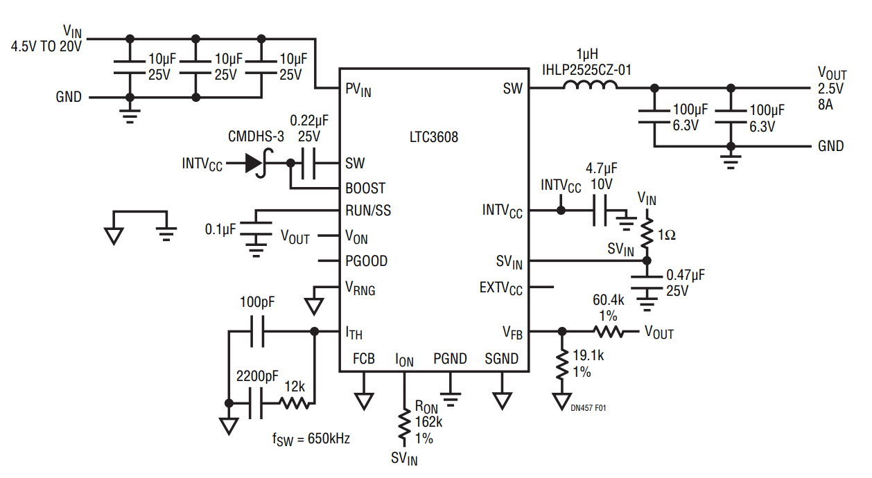 Figure 1. 4.5V to 20V Input to 2.5V/8A High Density Step-Down Converter.