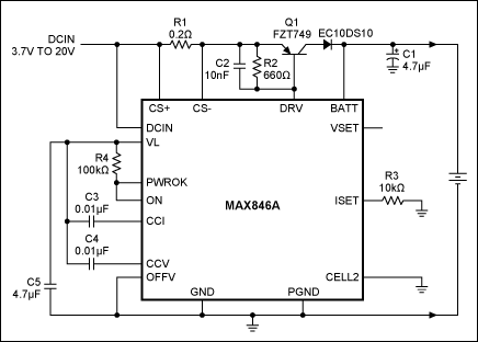 Figure 1. Designed for single lithium-ion cells, this battery-charging circuit is ideal for use in a stand-alone cradle charger.