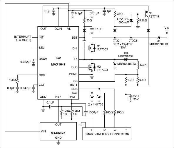 Figure 4. This charger is compliant with the smart-battery specification, and communicates with the host computer and a smart battery via the SMBus interface.