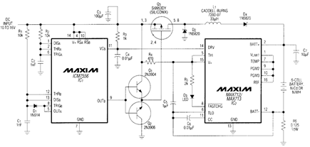 Figure 1. This two-IC circuit provides efficient charging at a two-ampere rate for series connections of NiCd or NiMH cells.