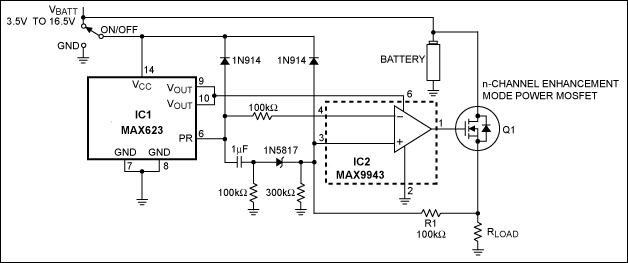 Figure 1. This logic-controlled switch circuit provides short-circuit protection at RLOAD.