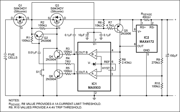 Figure 2. This circuit blocks the effect of a reversed-polarity battery or short-circuited load. R1 sets the current-limit threshold.