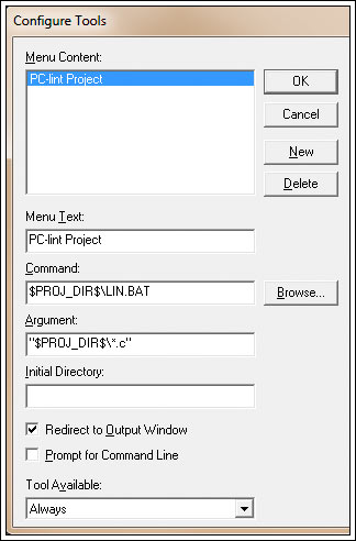 Figure 4. IAR Configure Tools menu.