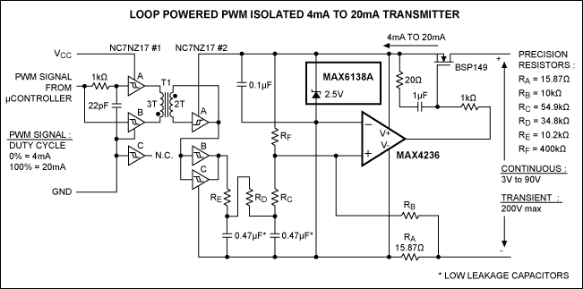 Figure 1. This loop-powered 4–20mA transmitter features PWM drive and galvanic isolation from the input signal.