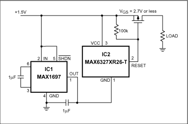 Figure 1. This low-voltage circuit disconnects the load when the supply voltage drops below a predetermined threshold (1.3V in this case).