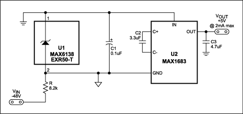 Figure 1. This small circuit (six components) produces 5V at 5mA from a -48V input.