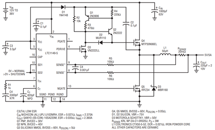 Figure 3. LTC1149-5 (12V-36V to 5V/5A) Using N-Channel MOSFETs.