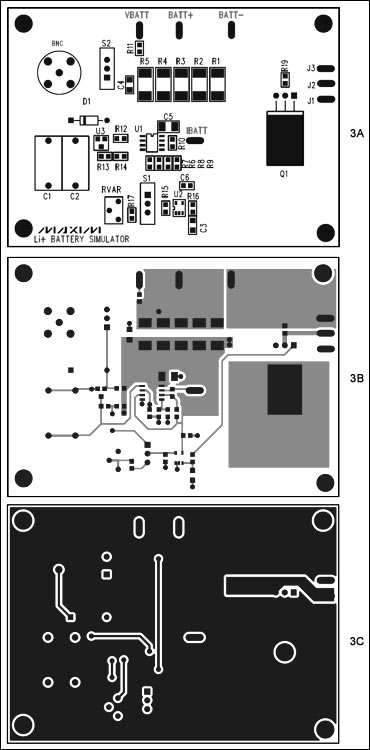 Figure 3. Component placement on the board. Component reference numbers in Figures 3A, 3B, and 3C are shown in the layout of Figure 2. Figure 3A. Li+ battery simulator circuit, 2-layer board, component placement. Figure 3B. Li+ battery simulator circuit, 2-layer board, top layer. Figure 3C. Li+ battery simulator circuit, 2-layer board, bottom layer.