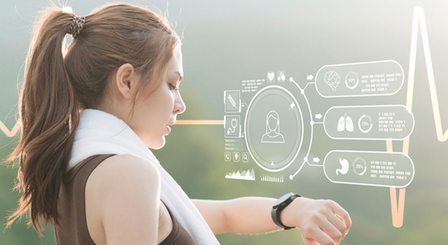 a woman on a run checking her activity stats on a smart watch with overlays of that data above her arm