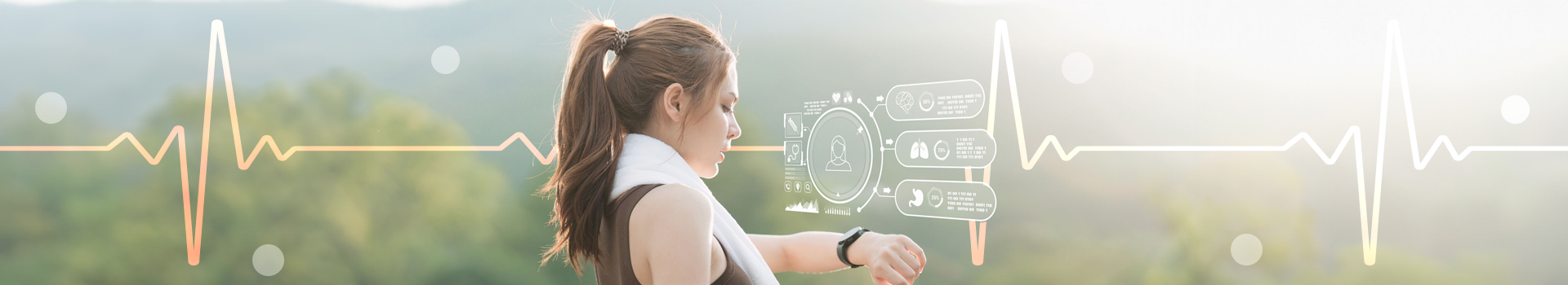 a woman on a run checking her activity stats on a smart watch with overlays of that data above her arm