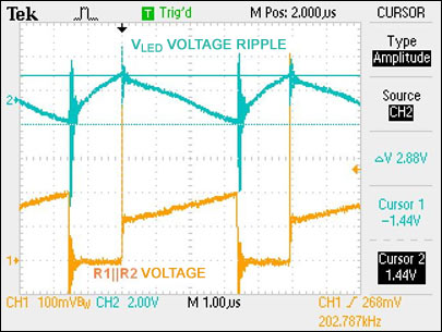 Figure 11. LED voltage (AC coupled) and MOSFET current-sense voltage