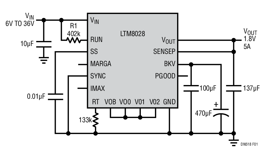 μModule Regulator Takes a Wide Ranging 6V to 36V Input and Produces a Low Noise 1.8V Output with Up to 5A Output Current