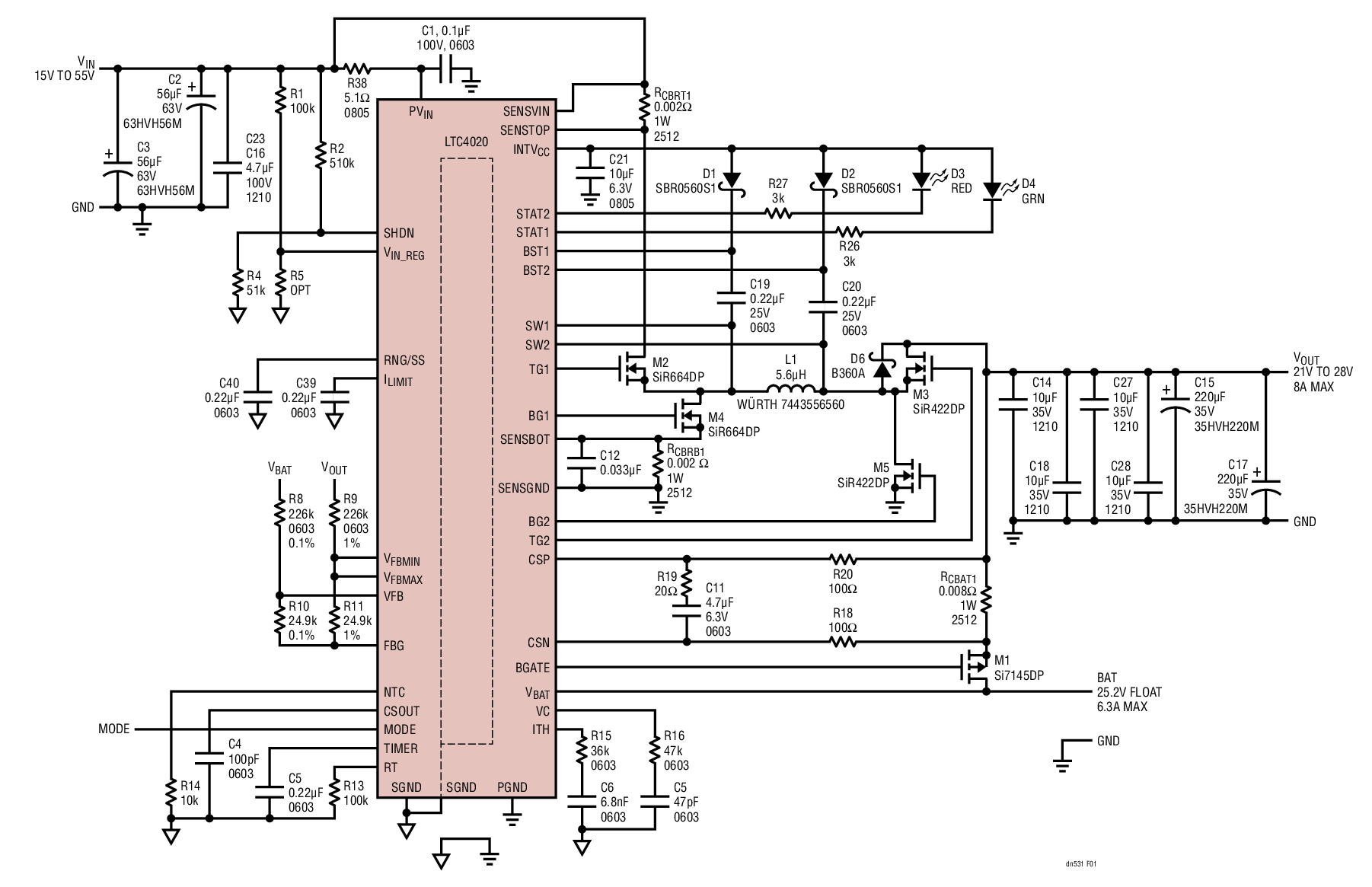 15V to 55V Input, 25.2V/6.3A Buck-Boost Battery Charger