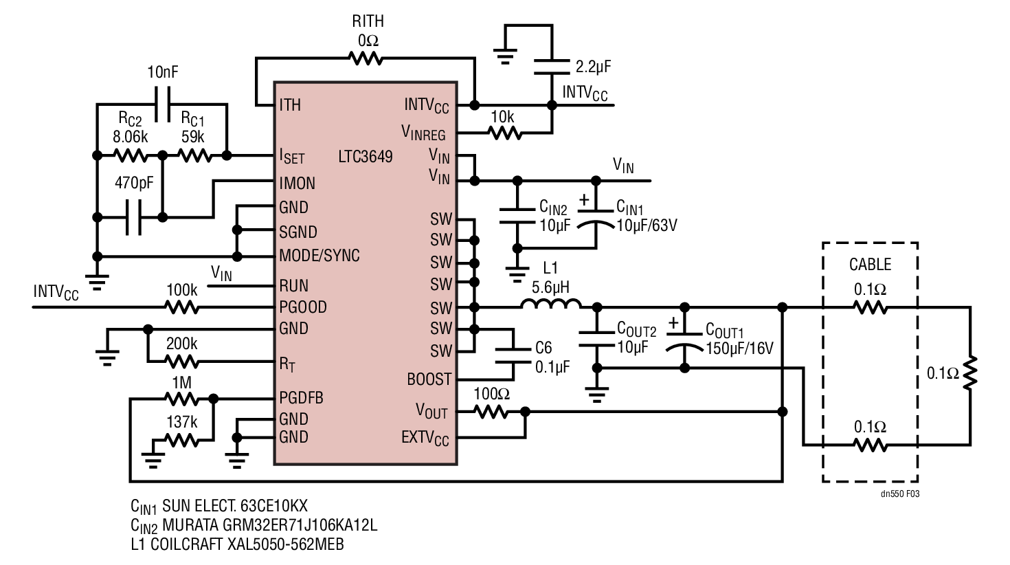 Figure 3. The LTC3649 Can Provide Cable Drop Compensation for Long PCB Traces
