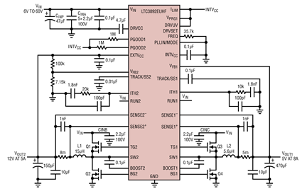 Figure 1. LTC3892, Dual Output DC/DC Converter Schematic