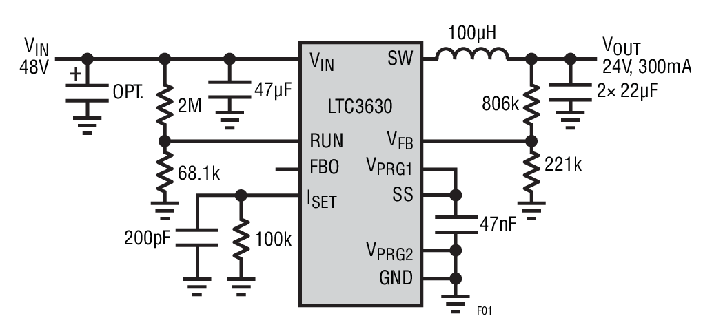 High Efficiency 24V Regulator with Undervoltage Lockout and 300mA Current Limit