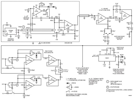 Detailed Noise Test Circuitry. Thermally Lagged Q1-Q2 Low Noise J-FET Pair Is DC Stabilized by A1-Q3; A2 Delivers A = 10,000 Pre-Amplifi er Output