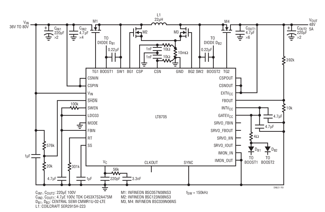 LT8705 240W, 48V, 5A Buck-Boost Converter for Telecom Voltage Stabilization