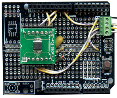 Figure 7. The MAX5715 DAC on the Arduino prototype shield.