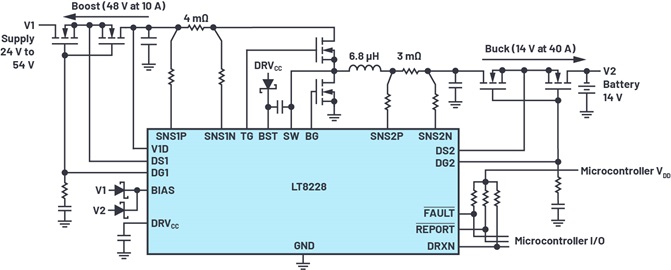 LT8228 configured in a simplified, bidirectional battery backup system LT8228 configured in a simplified, bidirectional battery backup system